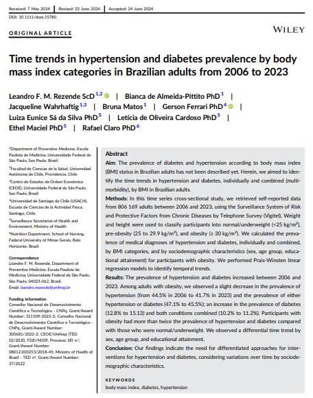 Time trends in hypertension and diabetes prevalence by body mass index categories in Brazilian adults  2006 to 2023
