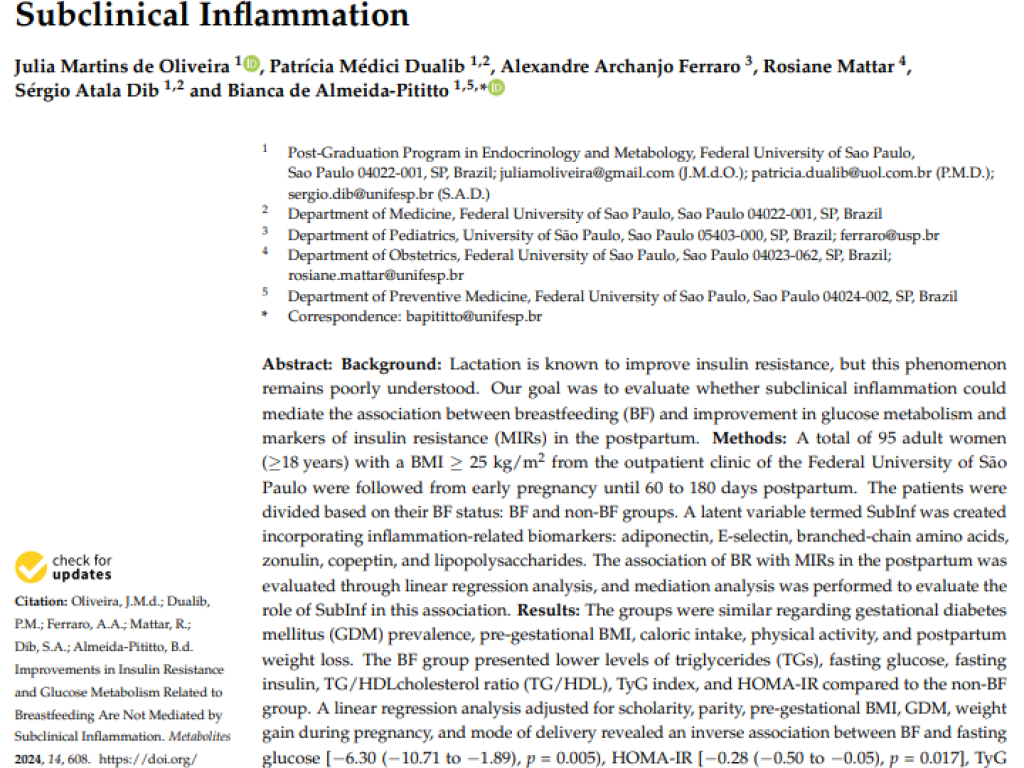 Improvements in Insulin Resistance and Glucose Metabolism Related to Breastfeeding Are Not Mediated by Subclinical Inflammation